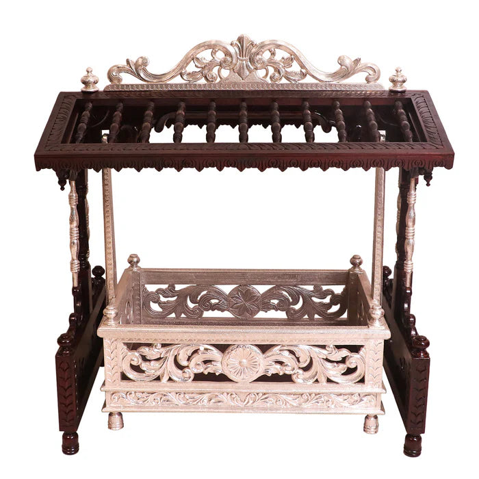 Antique White Metal Coated Teak Wooden Cradle