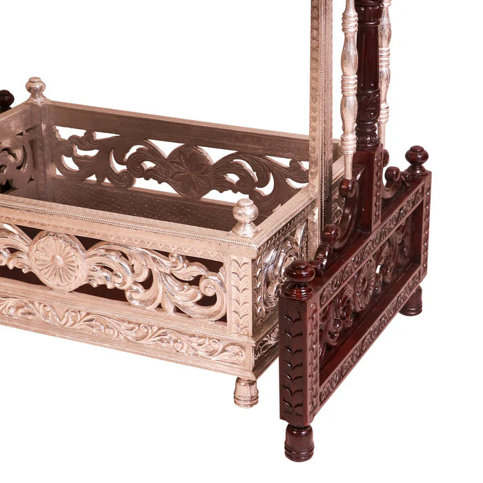 Antique White Metal Coated Teak Wooden Cradle