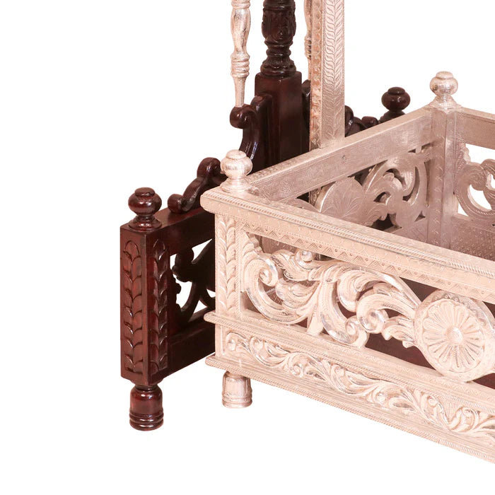 Antique White Metal Coated Teak Wooden Cradle