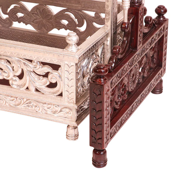 Antique White Metal Coated Teak Wooden Cradle