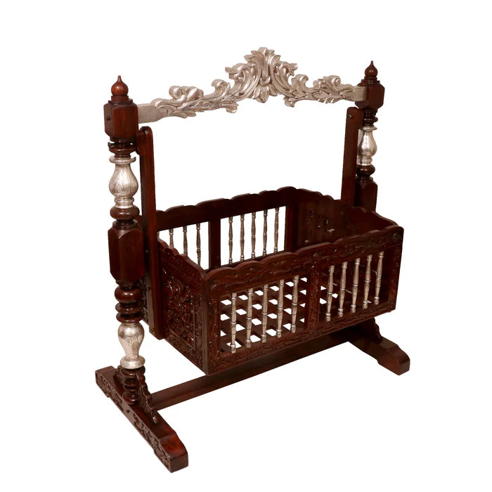 Intricately Antique Carved Teak Wooden Handmade Crib Cradle