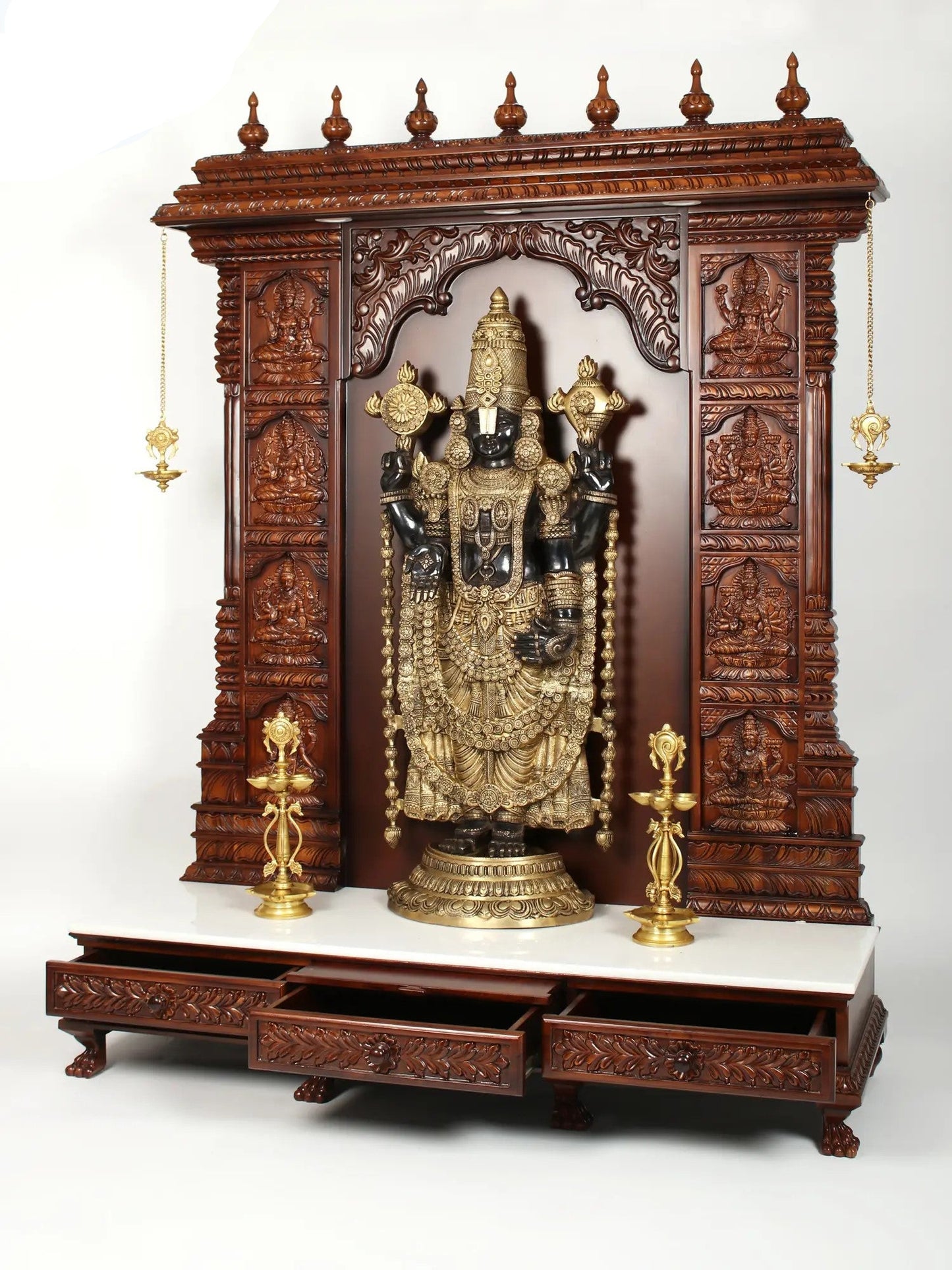 72" Super Large Wood Carved Ashtalakshmi Designer Temple with Brass Lamps