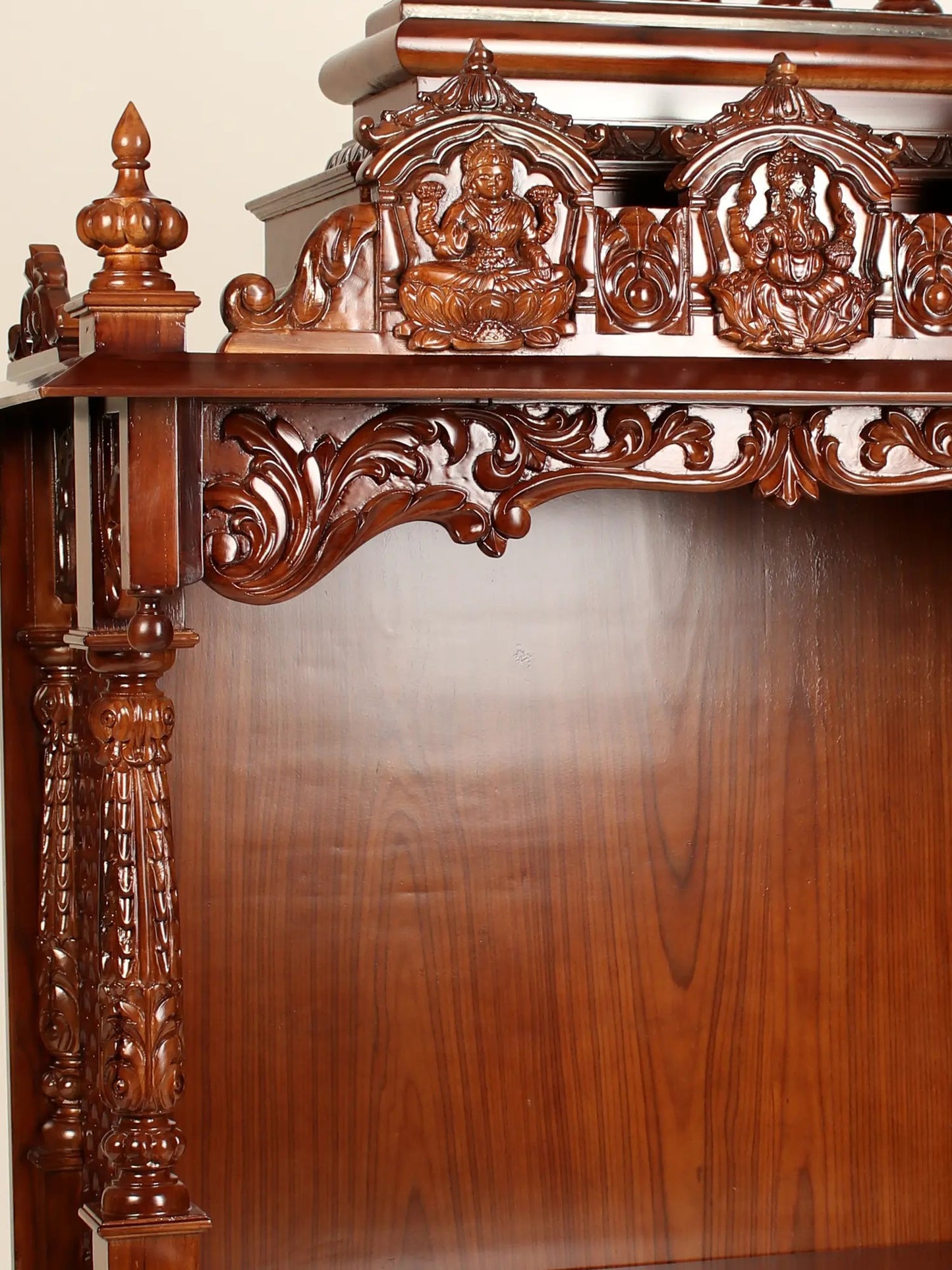 54" Wood Carved Lakshmi Ganesha Saraswati Puja Temple