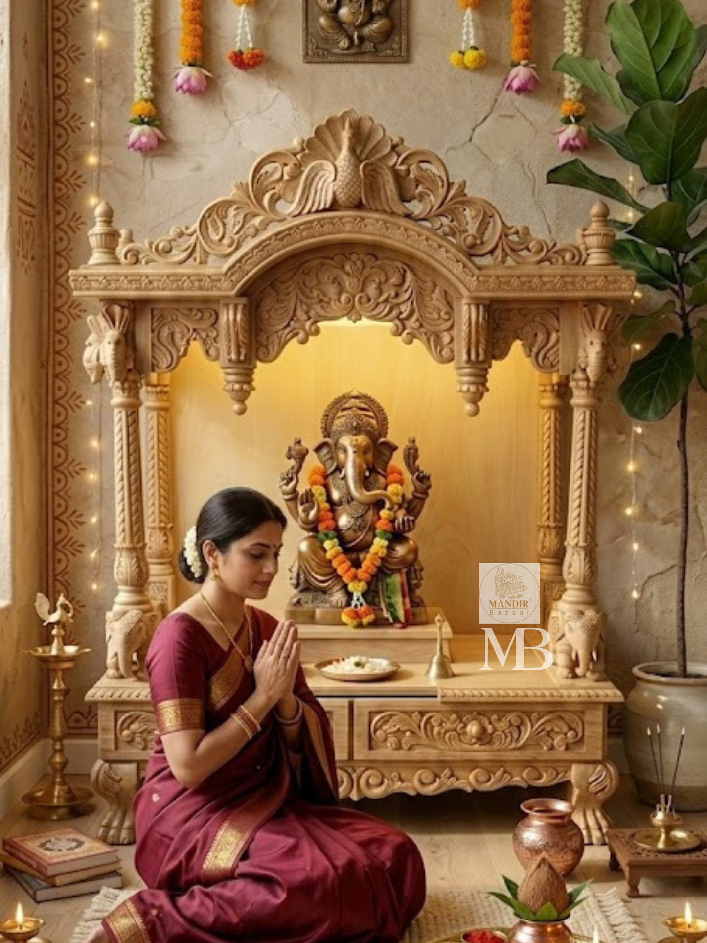 Luxury Handcrafted Wooden Pooja Mandir for Home | Solid Teak Wood Temple with Double Storage Drawers | Traditional Hand Carved Hindu Mandir
