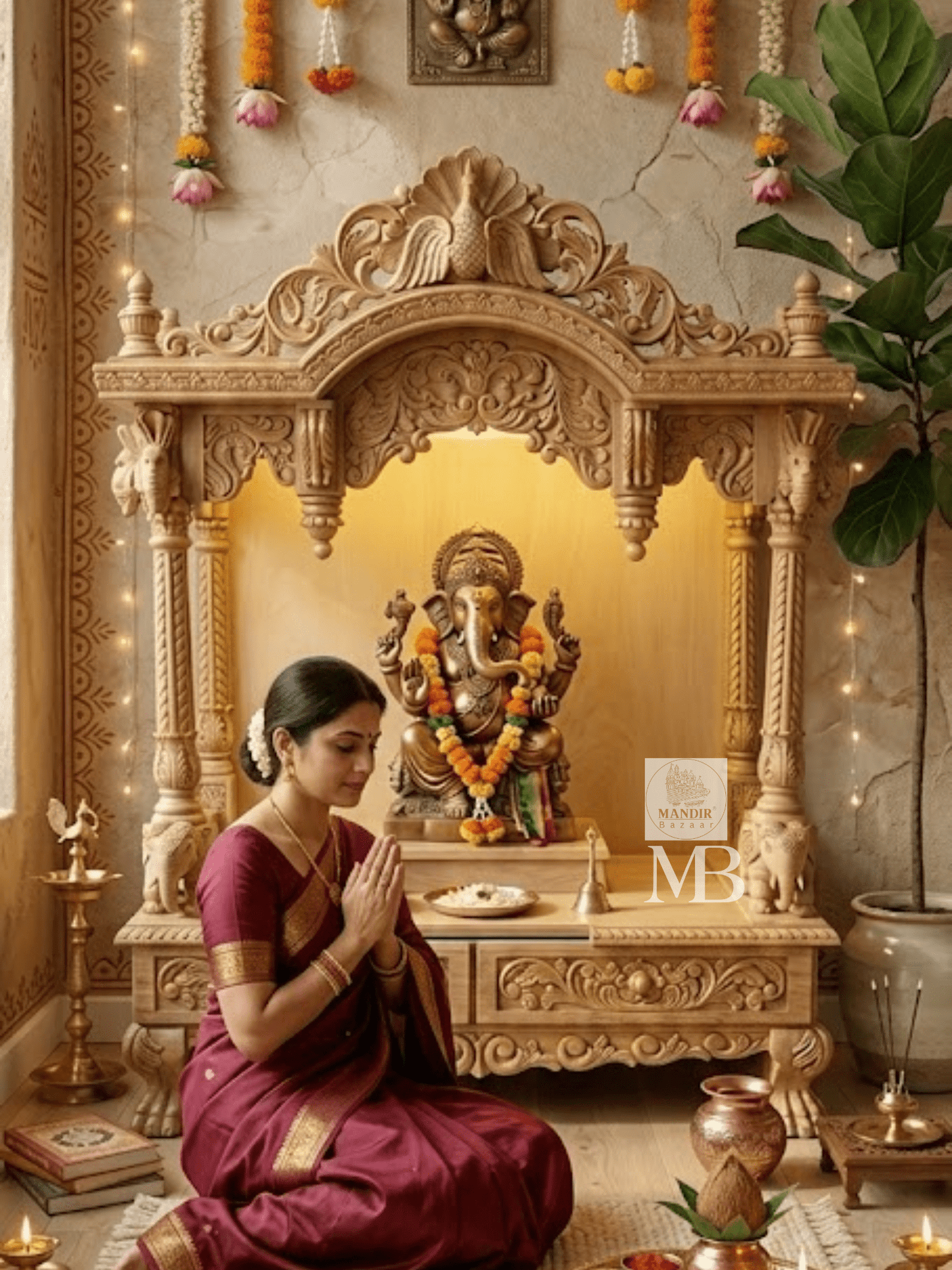 Wooden mandir with brass details & jaali | luxury handcrafted teak wood temple