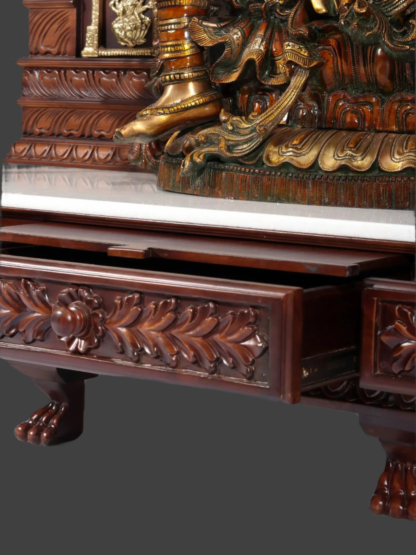 88" Super Large Ashta Lakshmi Designer Temple with Brass Lamps | Wood and Marble