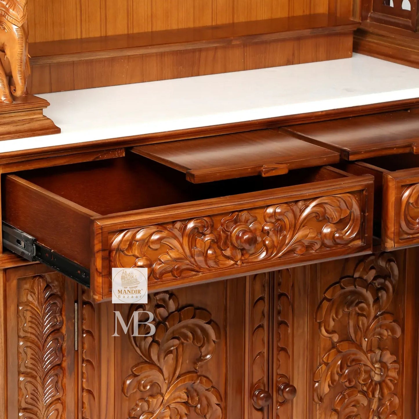 87 inch large designer wooden pooja mandir with carved pillars drawers and marble base