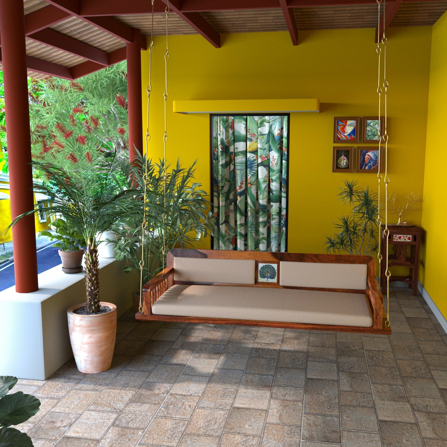 Charming Cream Upholstery Seating Wooden Handmade Swing for Home