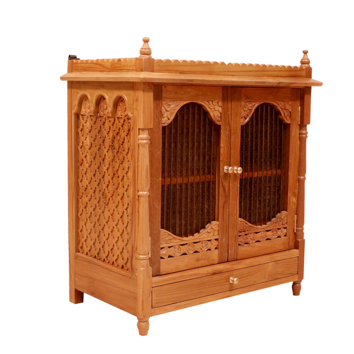 Classic Chronic Carved Handmade Wooden Temple with Single Drawer