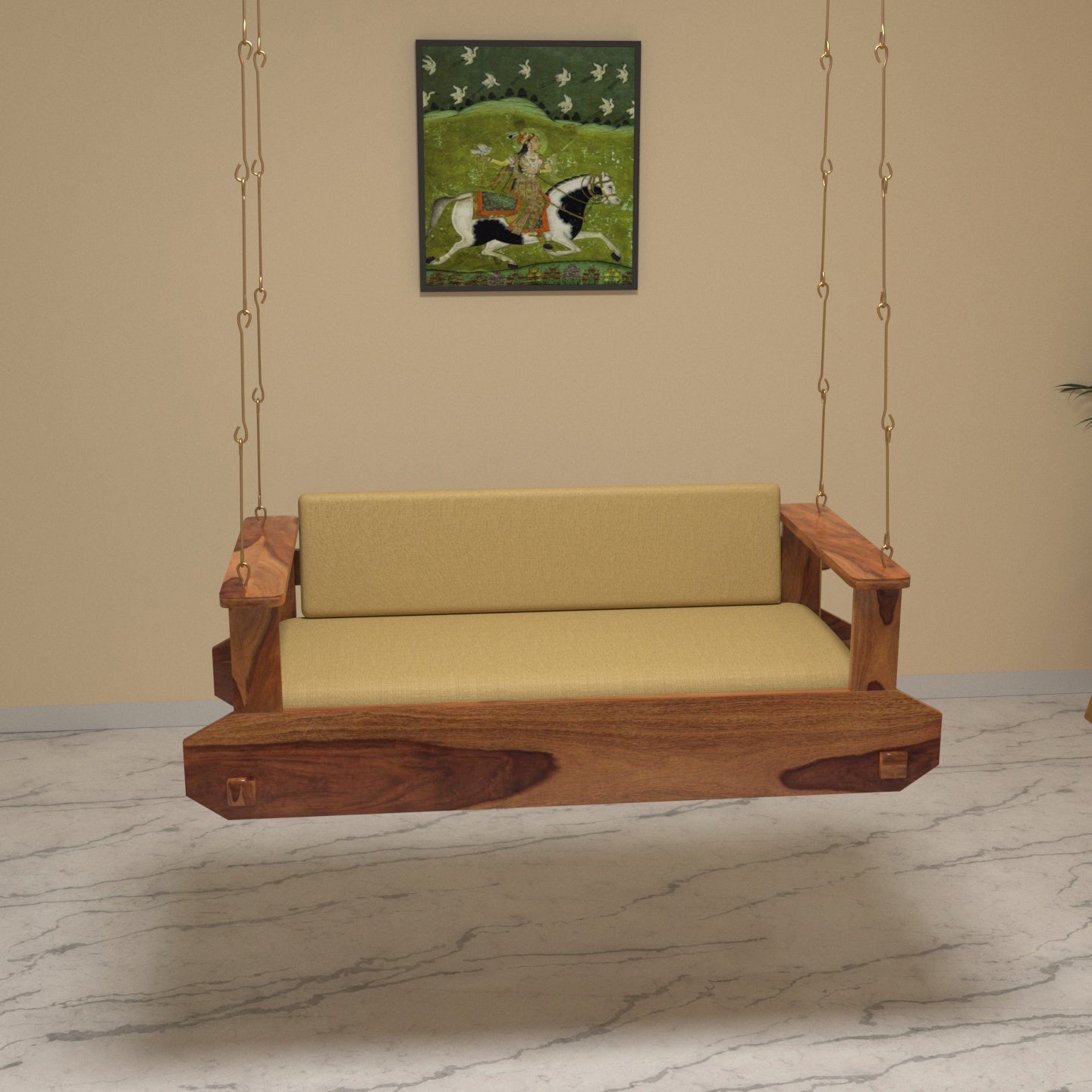 Majestic Montage Style Handmade Soft Upholstery Wooden Swing for Home