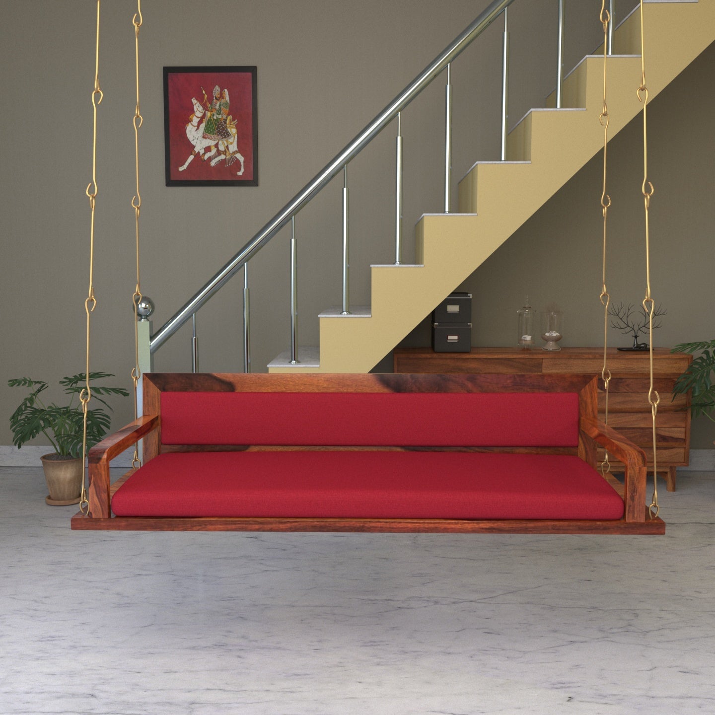 Red Back Upholstered Heritage Style Wooden Handmade Swing for Home