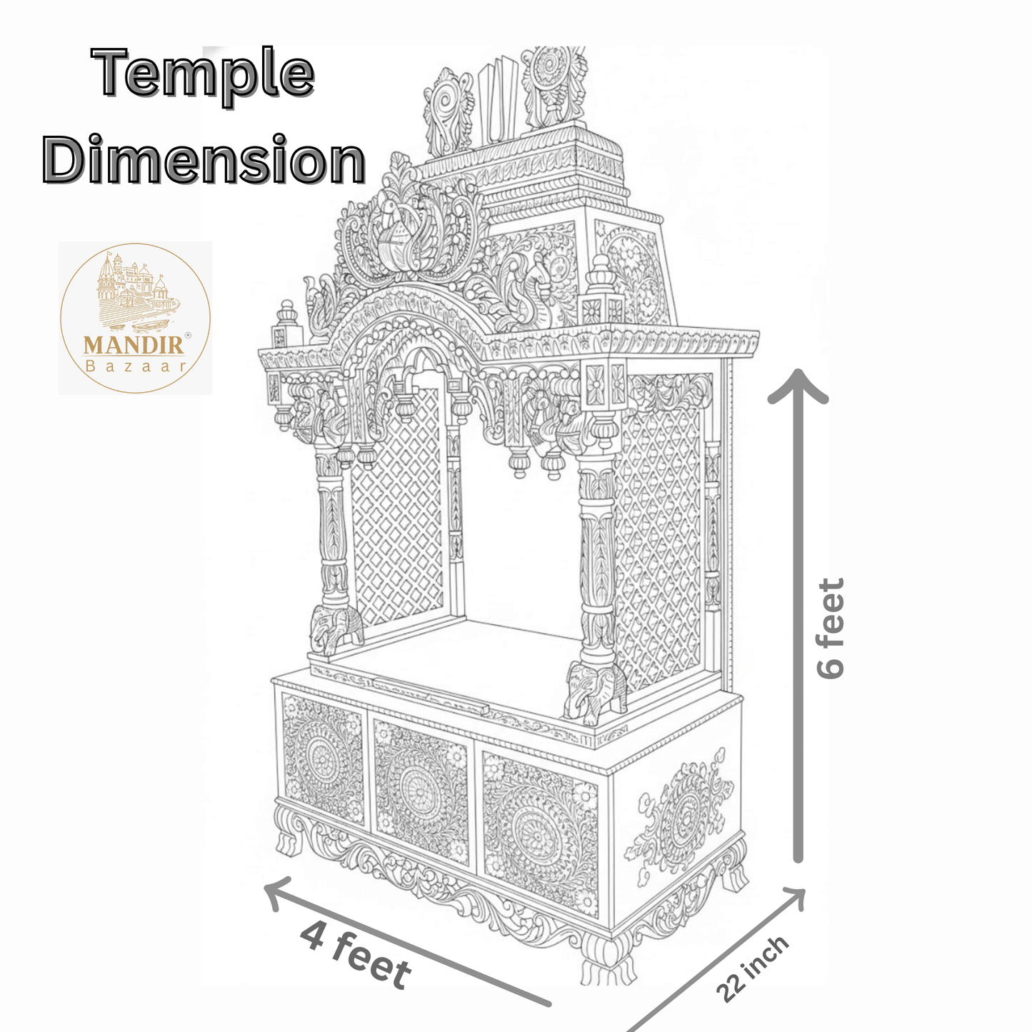 Sheesham wood pooja mandir dimensions showing 6 feet height, 4 feet width and 22 inch depth