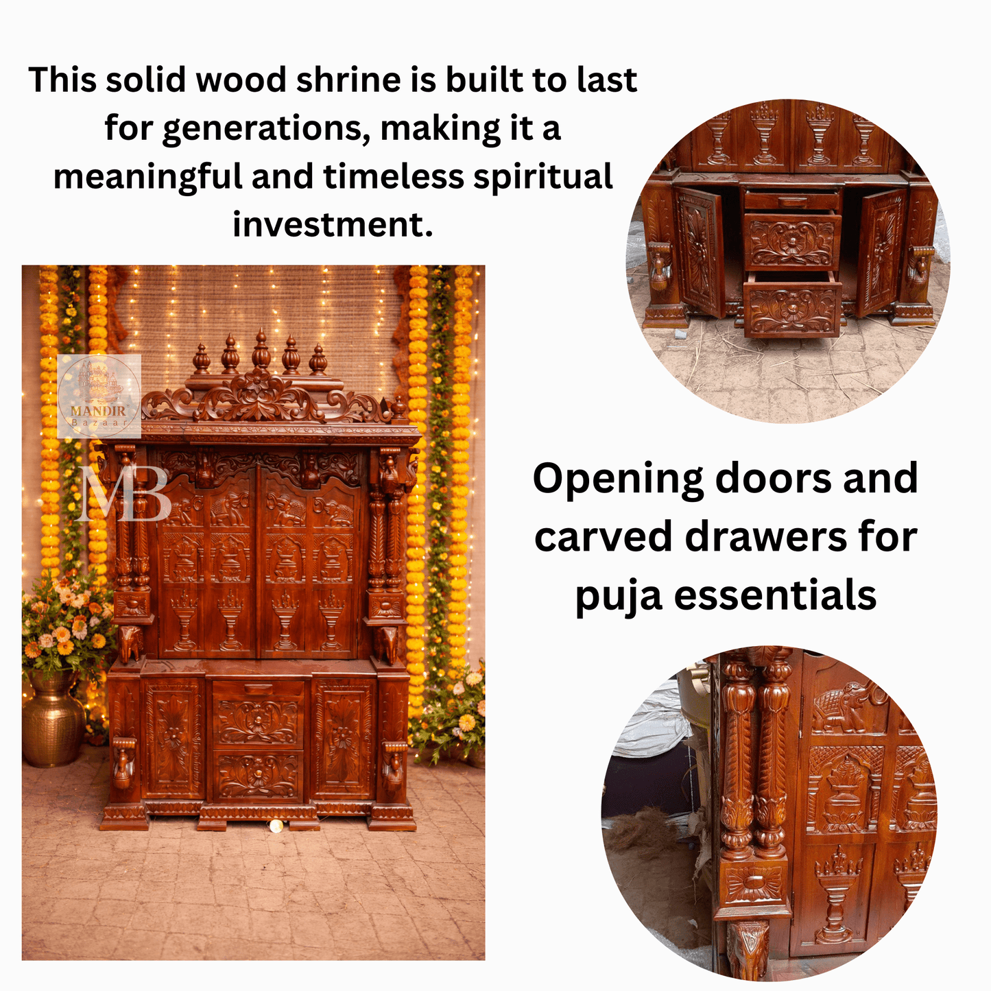 6 feet hand carved wooden pooja mandir with traditional floral carvings, elephant motifs, carved doors and storage drawers for home