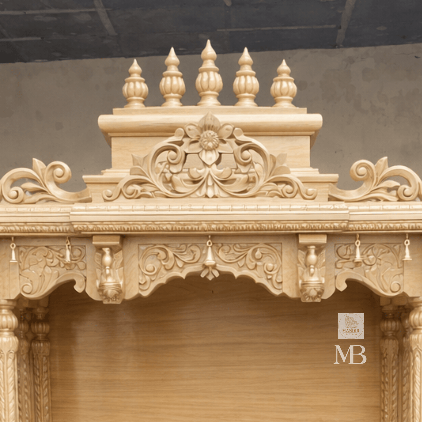 6 feet Sheesham wood pooja mandir in elegant beige finish with hand carved pillars and storage