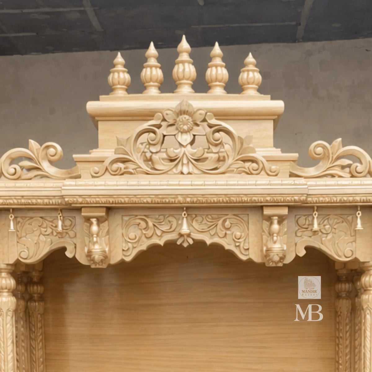 6 feet Sheesham wood pooja mandir in elegant beige finish with hand carved pillars and storage