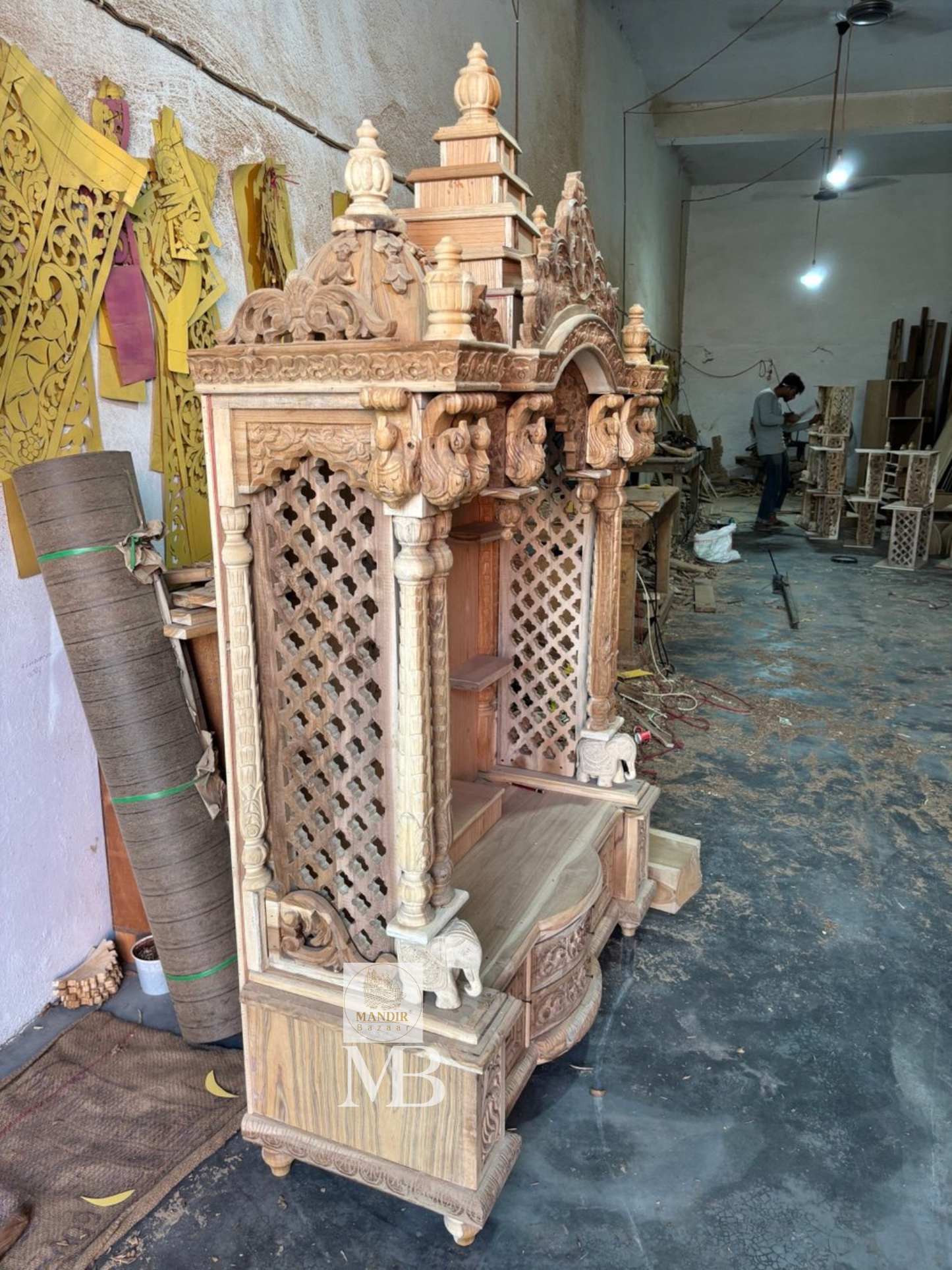 Hand Carved Wooden Pooja Mandir for Home with Peacock Design | Luxury Solid Wood Temple with Drawer & Side Shelves | Hindu Home Temple