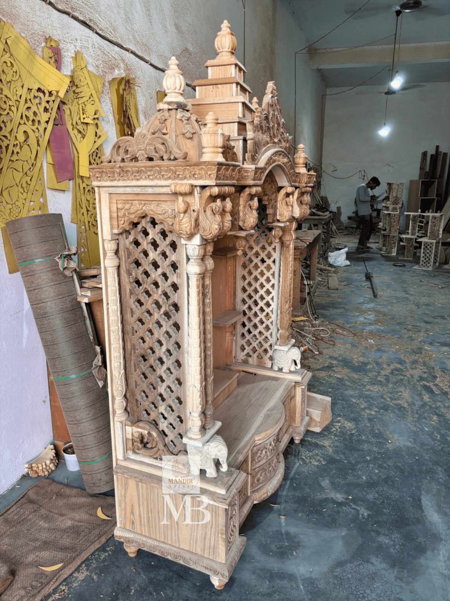 Luxury Handcrafted Wooden Pooja Mandir for Home | Solid Teak Wood Temple with Double Storage Drawers