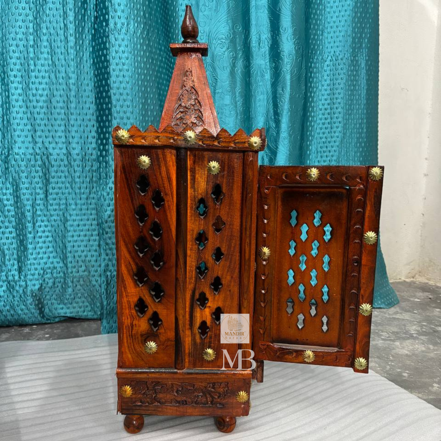 Small Wooden Pooja Mandir for Home – Handcrafted 36 Inch Hindu Temple with Doors, Drawer & Om Design