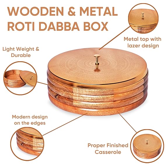 Wooden Chapati Box With Metal Lid and Tong for Kitchen