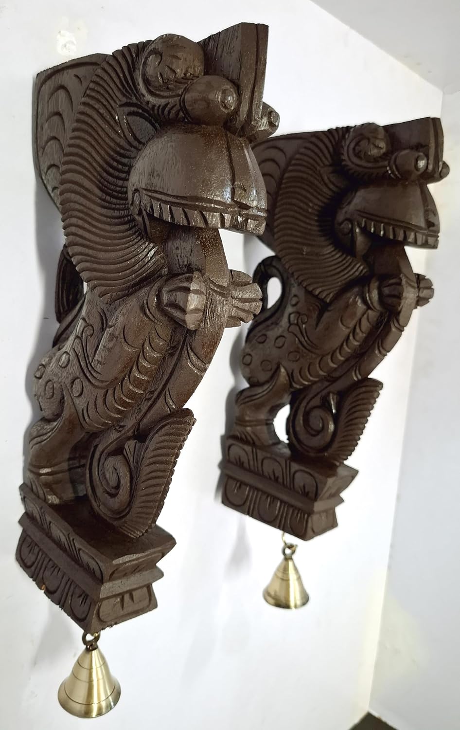 Wooden Yali Wall Corbel Pair, Brown Finish, With Brass Bell