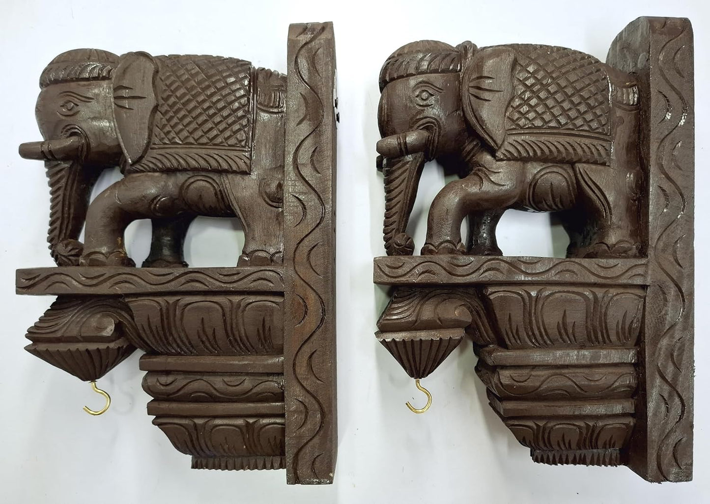 Wooden Wall Bracket Elephant Pair 12 inches, Brass Bells