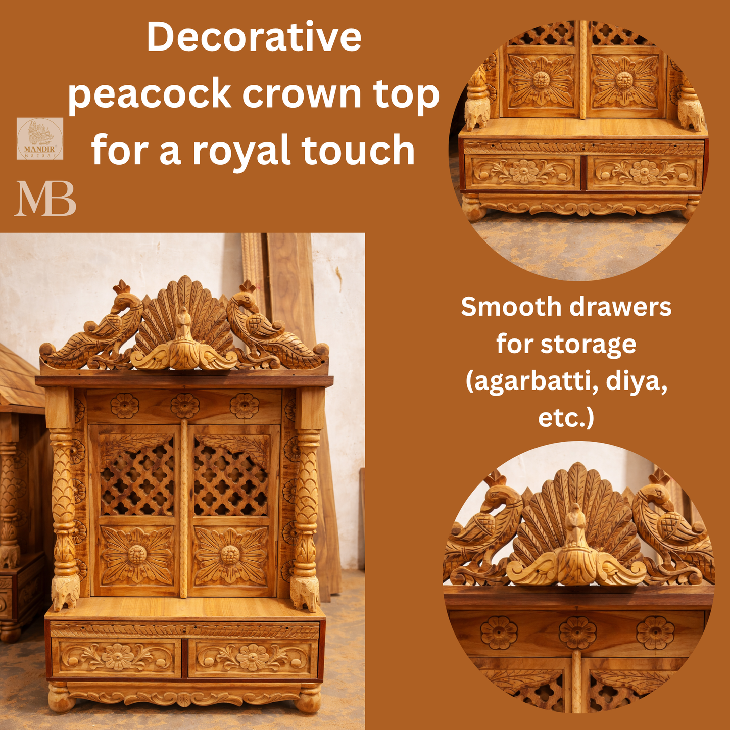 Handcrafted Wooden Pooja Mandir with Peacock Crown | Solid Teak Wood Temple for Home | Traditional Hindu Temple with Jali Doors & Storage Drawer | Natural Teak Finish