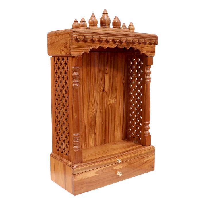 Vintage Tone Finish with Carved Jali Handmade Wooden Temple for Home
