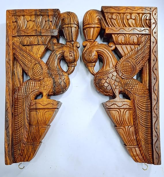 Wooden Peacock Wall Bracket Pair 18 Inch Natural Polished Finish