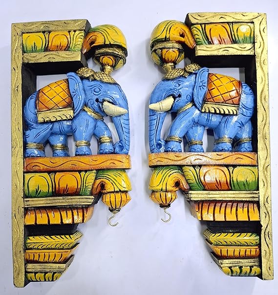 Wooden Elephant Corbel Wall Bracket Pair, Multi-Color