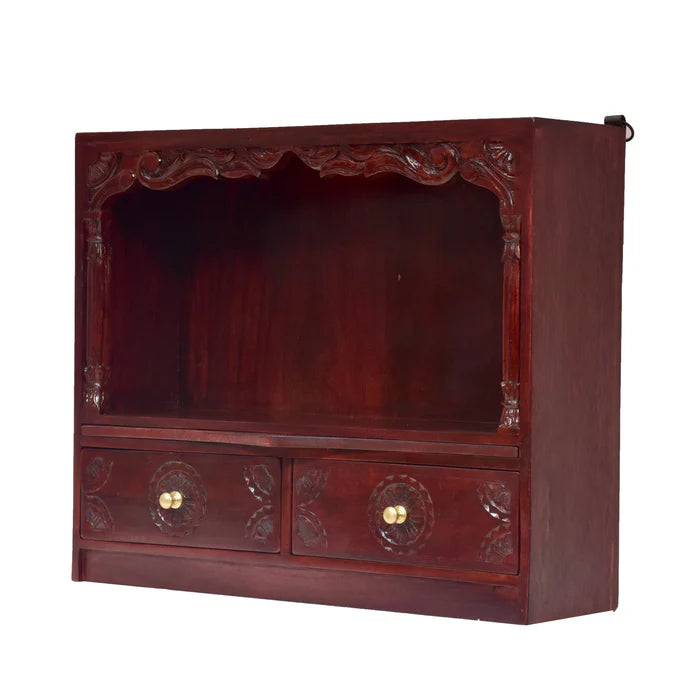 Carved Top Solid Wooden Temple with 2 Drawers