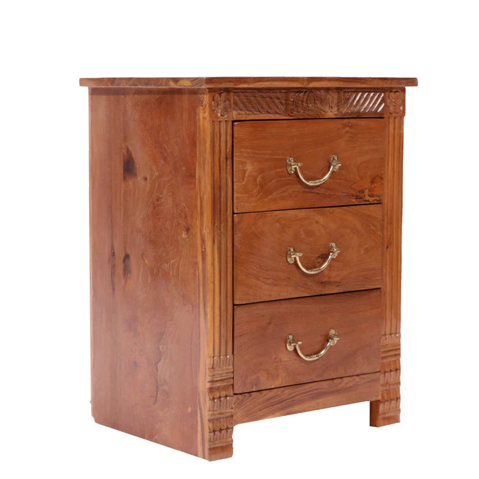 Folk concept Carved teak wood 3 drawer bedside