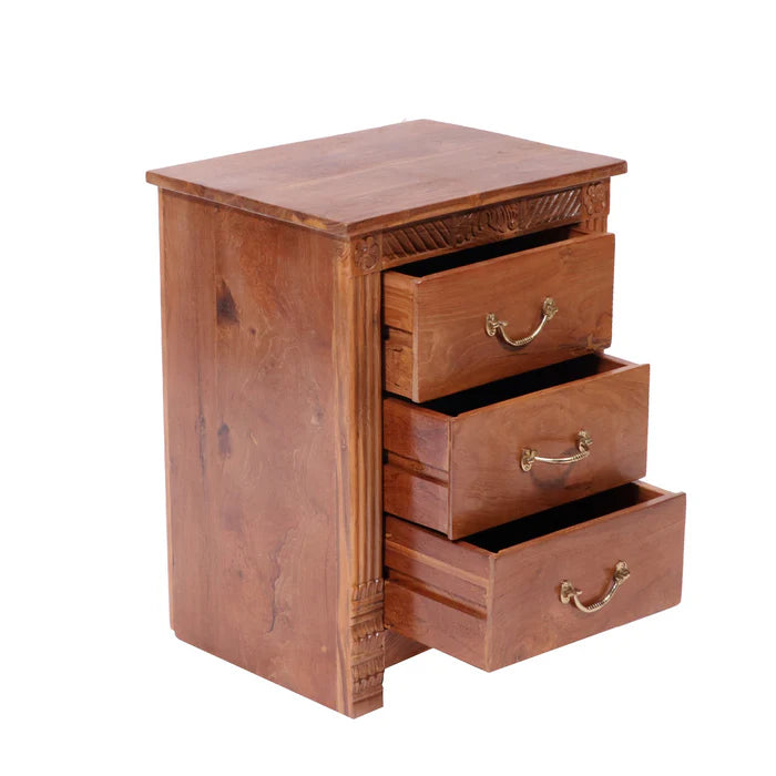 Folk concept Carved teak wood 3 drawer bedside