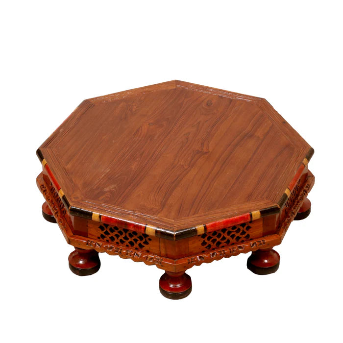 Hexagonal Intricate Carved Panted TEAK Wood Bajot
