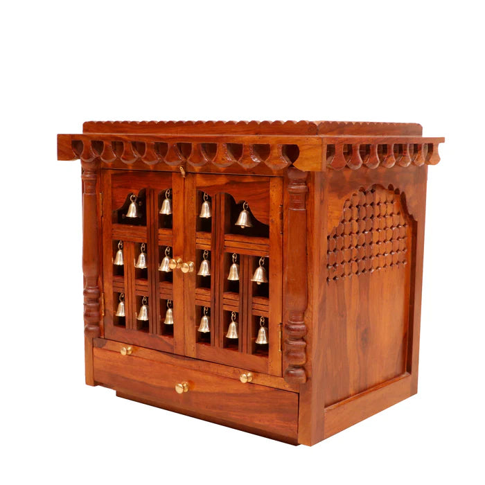 Traditional Golden Brass Bells Handmade Wooden Temple for Home