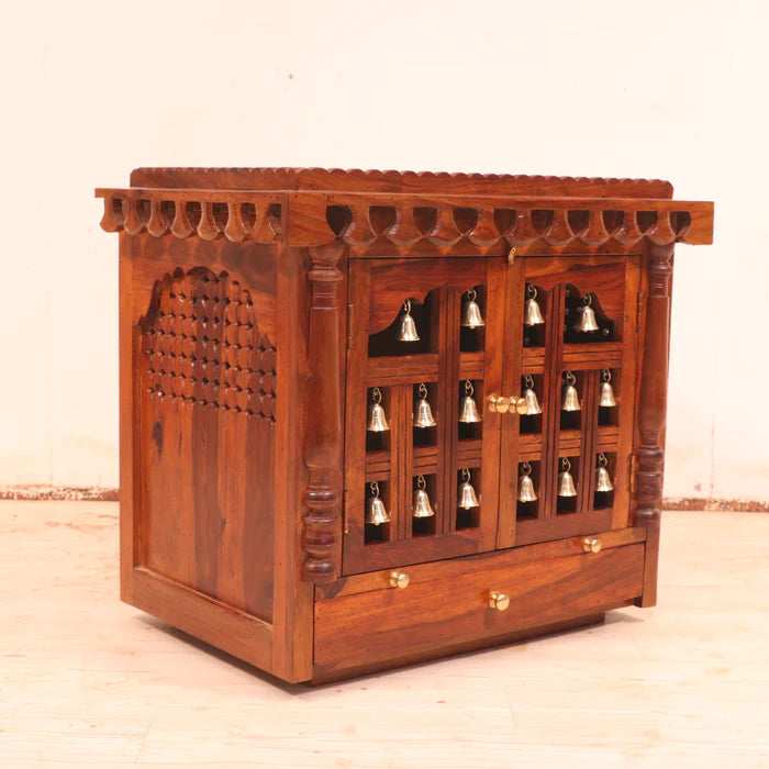 Traditional Golden Brass Bells Handmade Wooden Temple for Home