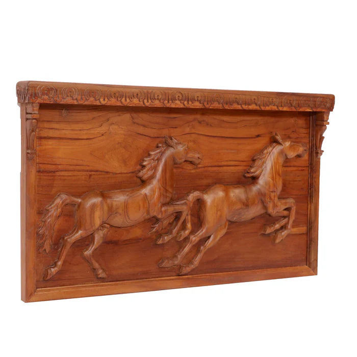 Running Horse Wall Decor Teak Frame