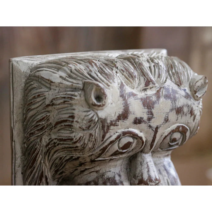 Old White Distressed Lion Carved Face Wooden Handmade Wall Decor