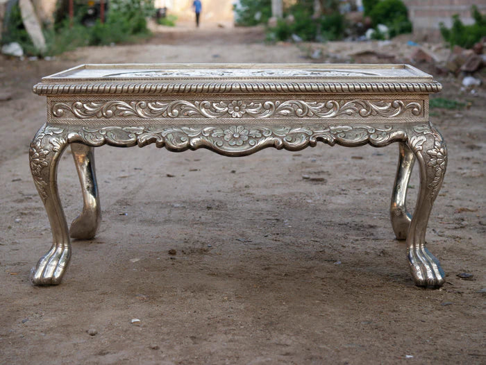 White Metal Fitted Intricate Carved Design Coffee Table Silver Finishing