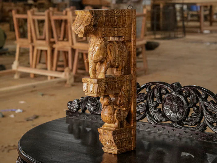 Elephant peacock figurine teak wood corbel door bracket - Teak wood