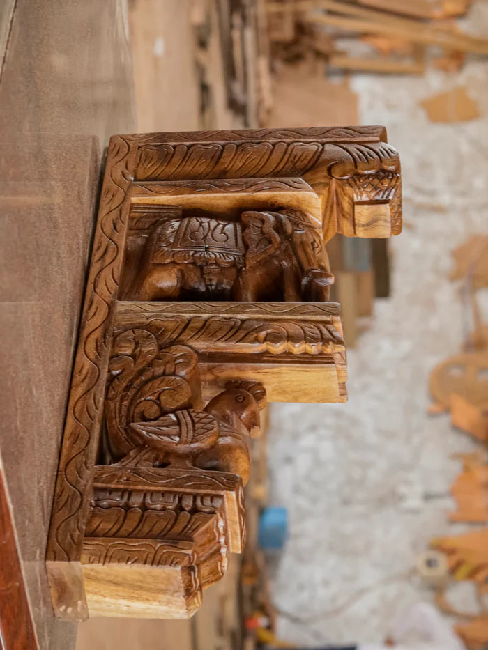 Elephant peacock figurine teak wood corbel door bracket - Teak wood