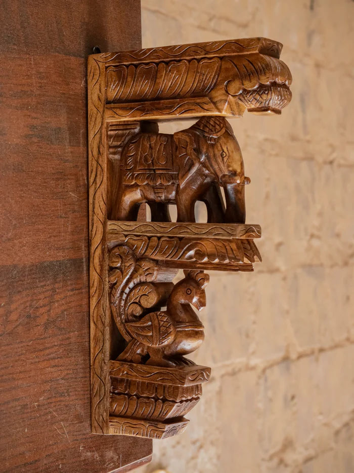 Elephant peacock figurine teak wood corbel door bracket - Teak wood