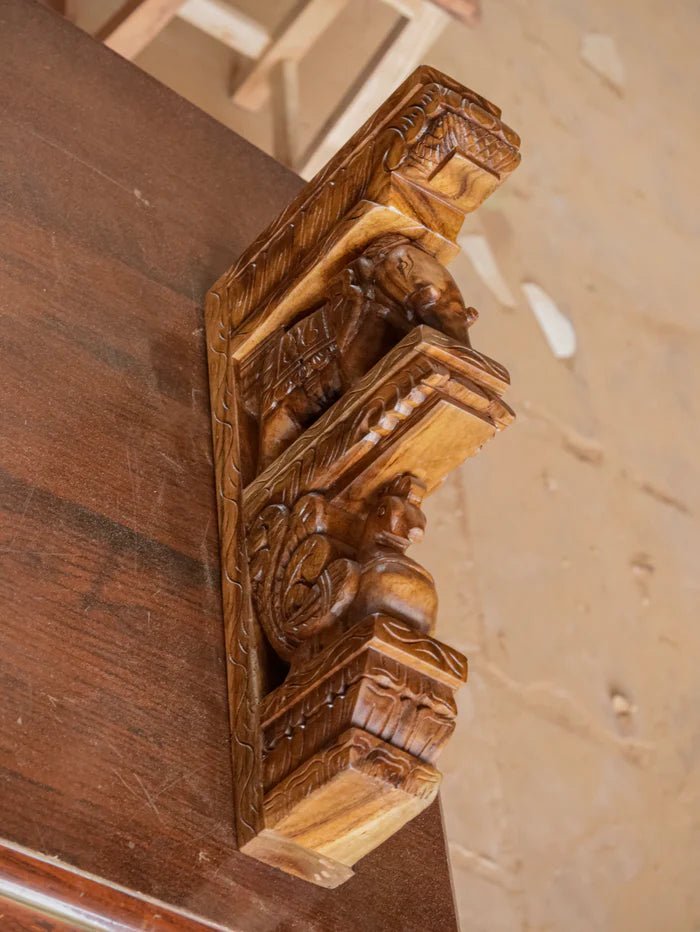 Elephant peacock figurine teak wood corbel door bracket - Teak wood
