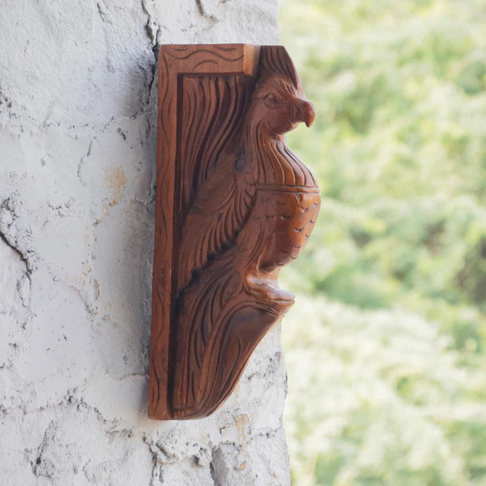 Compact intricate carved Bird Door Bracket - Teak wood