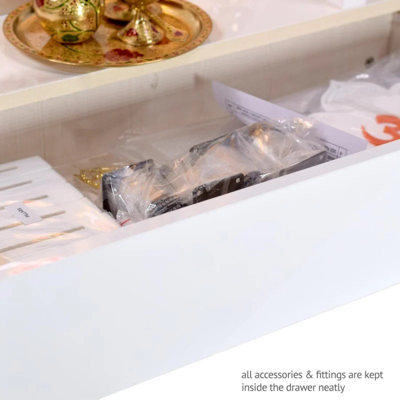 Wooden Designer Mandir for Home In Glossy White Color with Lights