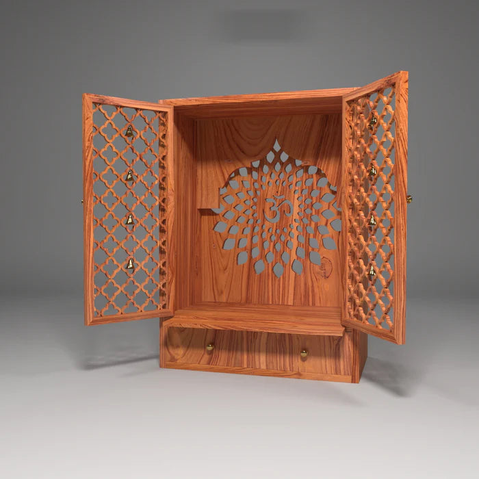 Jali 2 Door Floral Design Teak Wood Natural finish with backside om sign