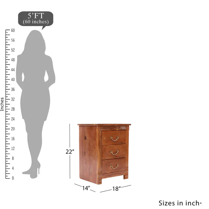 Folk concept Carved teak wood 3 drawer bedside