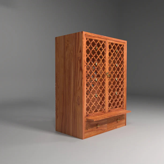 Jali 2 Door Floral Design Teak Wood Natural finish with backside om sign