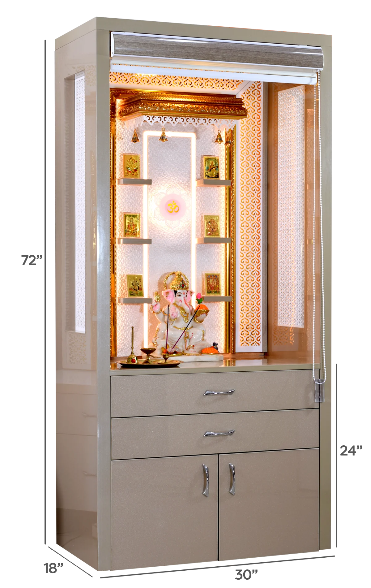 Large Wooden Mandir with Floating Shelves and Venetian Blinds