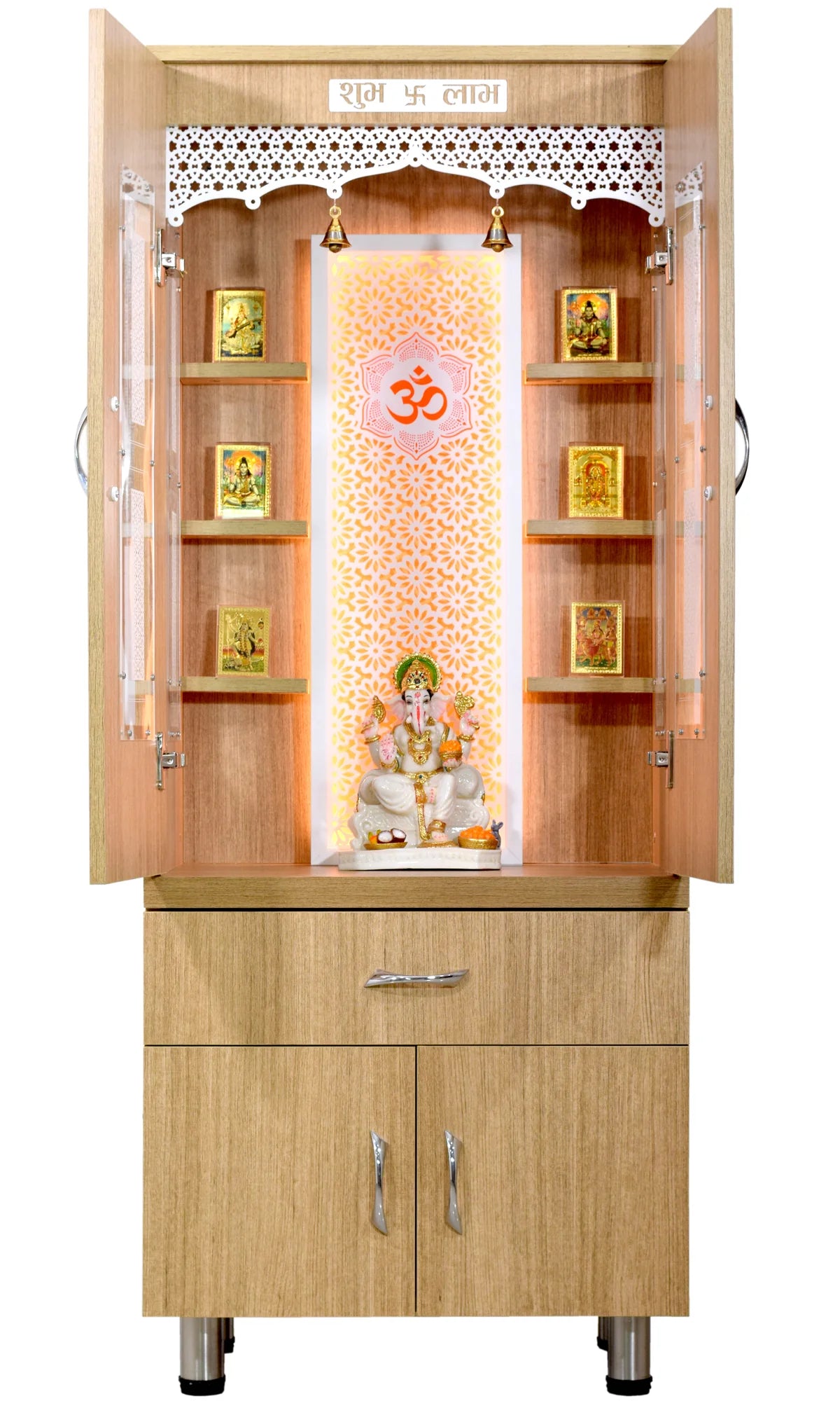 5' x 2' Natural Teak Finish Mandir with Doors and LED Lights