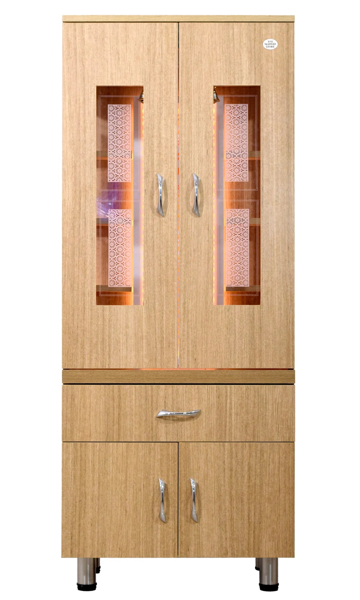 5' x 2' Natural Teak Finish Mandir with Doors and LED Lights